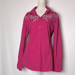 ARIAT BRIGHT PINK EMBROIDERED COWGIRL LONG SLEEVE SNAP FRONT COLLAR SHIRT (XL)